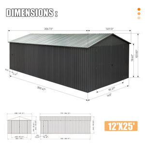 12x25FT Outdoor Metal Garage Shed, Extra Large Metal Carport