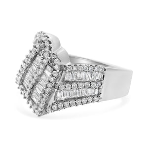 14K White Gold 1-1/2 Cttw Round and Baguette Diamond Bypass Cocktail Ring Band (H-I Color, SI1-SI2 Clarity) - Size 7