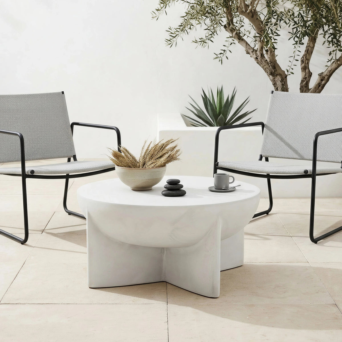 Matte White Round Coffee Table, Magnesium Oxide Sculptural Tripod Base