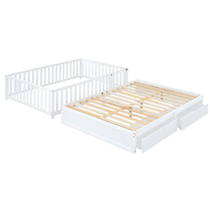 Daybed With Fence Guardrails And 2 Drawers, Split Into Independent Floor Bed & Daybed
