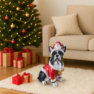 Christmas French Bulldog Statue, Holiday Dog Figurine in Santa Outfit