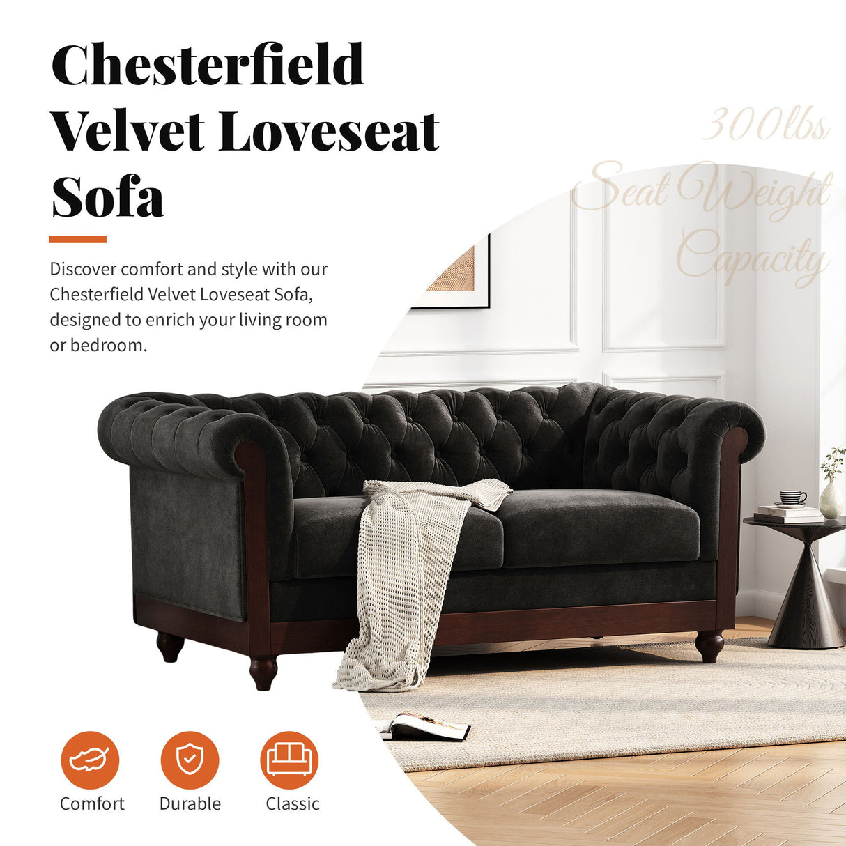 Chesterfield Velvet Loveseat Sofa, 2 Person Rolled Arm Upholstered Couch - Best Buy Furniture