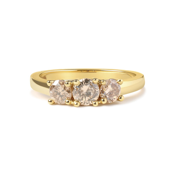 10K Yellow Gold 1.00 Cttw Champagne Diamond 3-Stone Band Ring (J-K Color, I1-I2 Clarity)  - Size 7