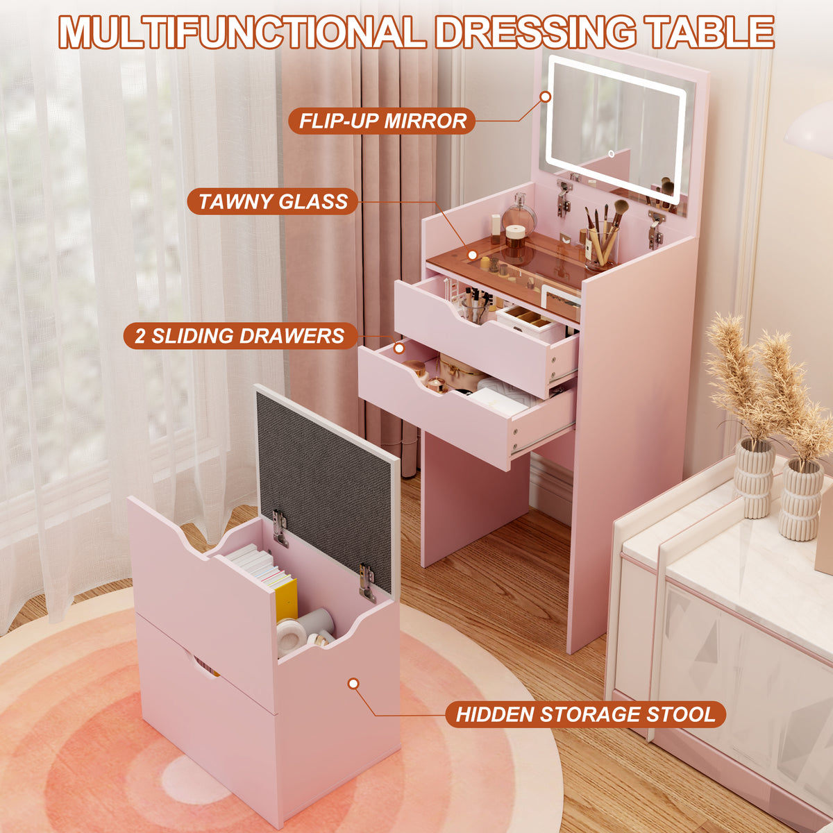 3-in-1 Multifunctional Dressing Table and Stool Set
