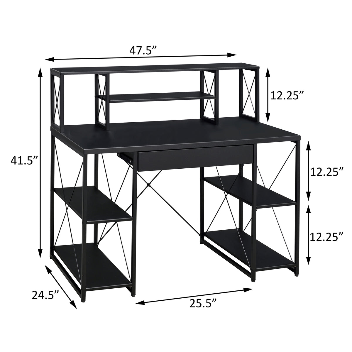 Black Office Desk with Open Shelves and Hutch - Black
