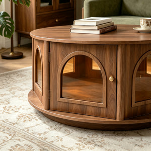 31.5" Round Coffee Table with Storage and Pet House - Dark Walnut