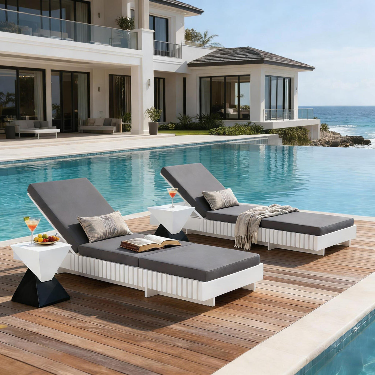 White Acacia Solid Wood Outdoor Chaise Lounge