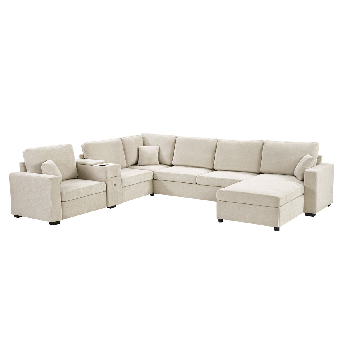 Modular 5 Seat U-Shape Sectional Sofa With Chaise Lounge, Built In Cup Holders And Storage Drawer