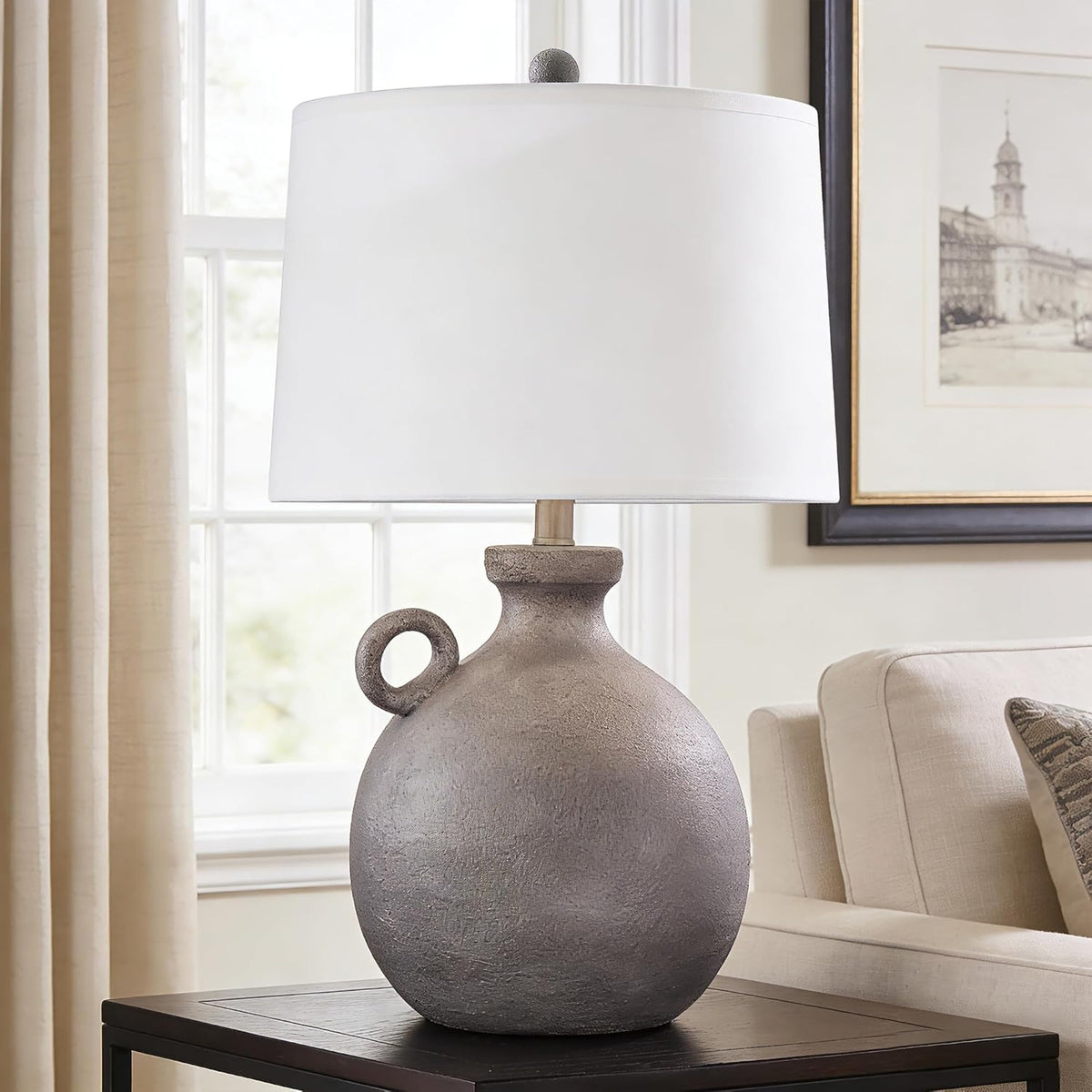 24-Inch Farmhouse Table Lamp, Resin Base with USB Port, Brown