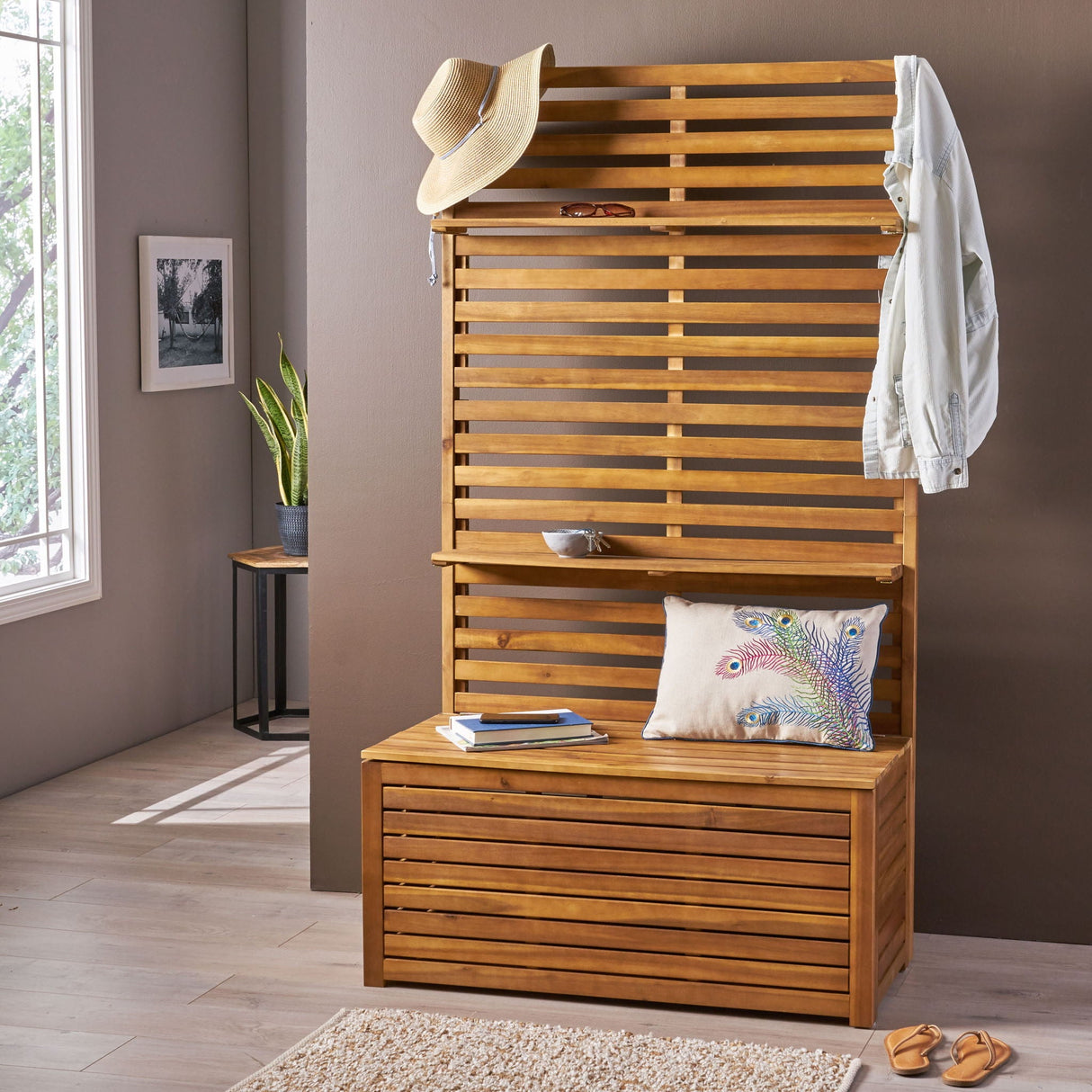 Storage Bench With Rack - Teak - Best Buy Furniture