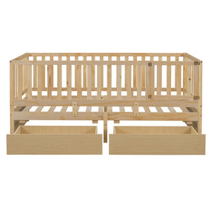 Daybed With Fence Guardrails And 2 Drawers, Split Into Independent Floor Bed & Daybed