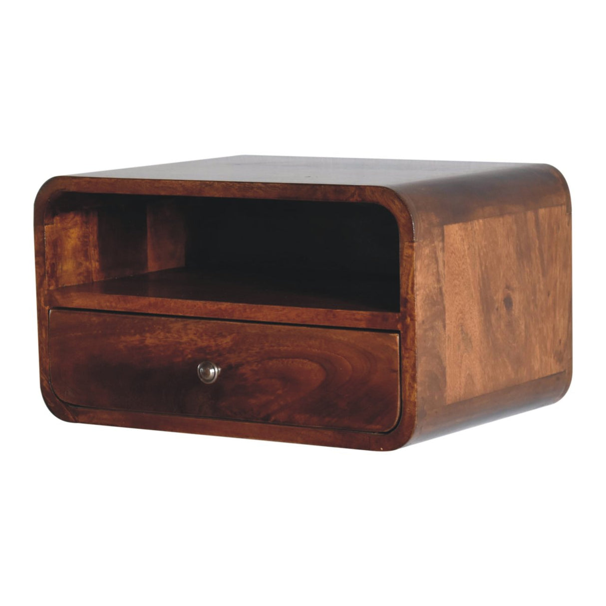 Large Floating Bedside, Curve Open Upper Slot, 1 Drawer, Chestnut