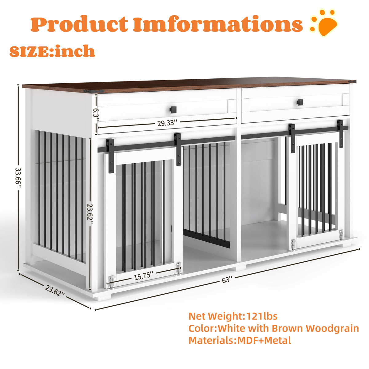 63'' Large Dog Crate Furniture for Double Dog