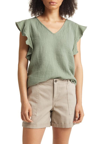 Caslon V Neck Ruffle Sleeve Top - Large