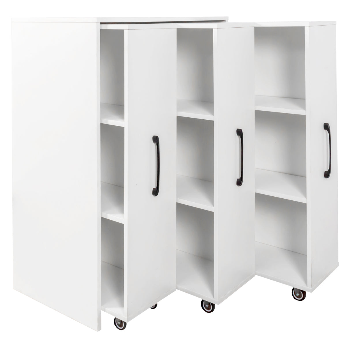 3 Tier Bookcase with Three Pulled Out Doors and Wheels