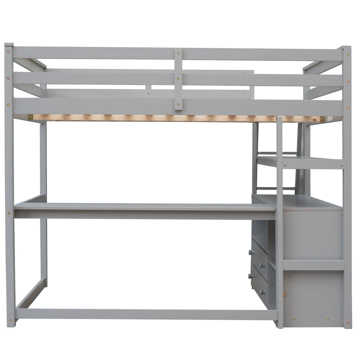 Modern Loft Bed With Built In Desk, Shelves, And 2 Drawers
