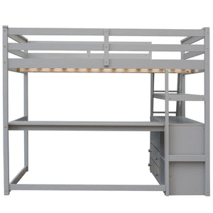 Modern Loft Bed With Built In Desk, Shelves, And 2 Drawers