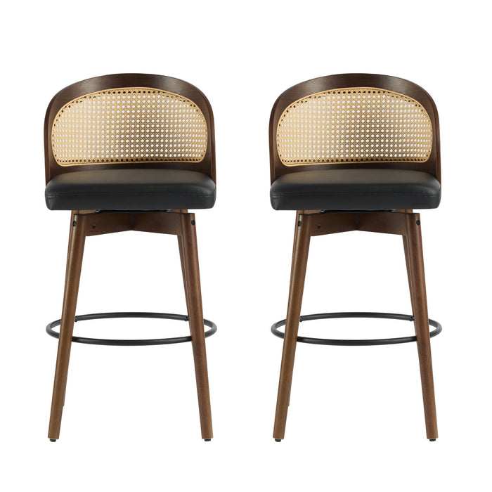 Como Indoor Wood Barstool Set of 2 with Rattan Backrest - Black, Beige