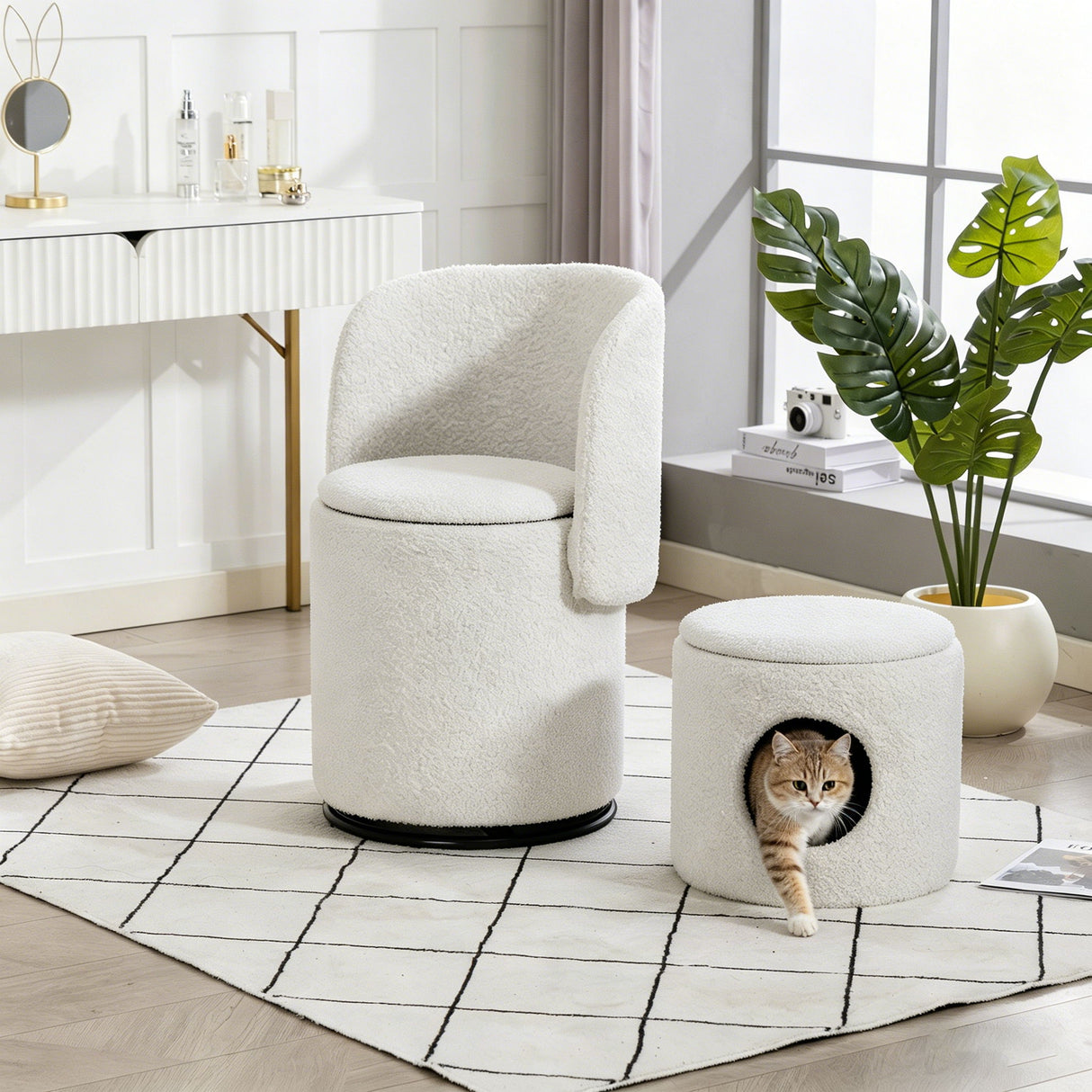 Barrel Chair & Built In Storage, 360° Swivel - Beige