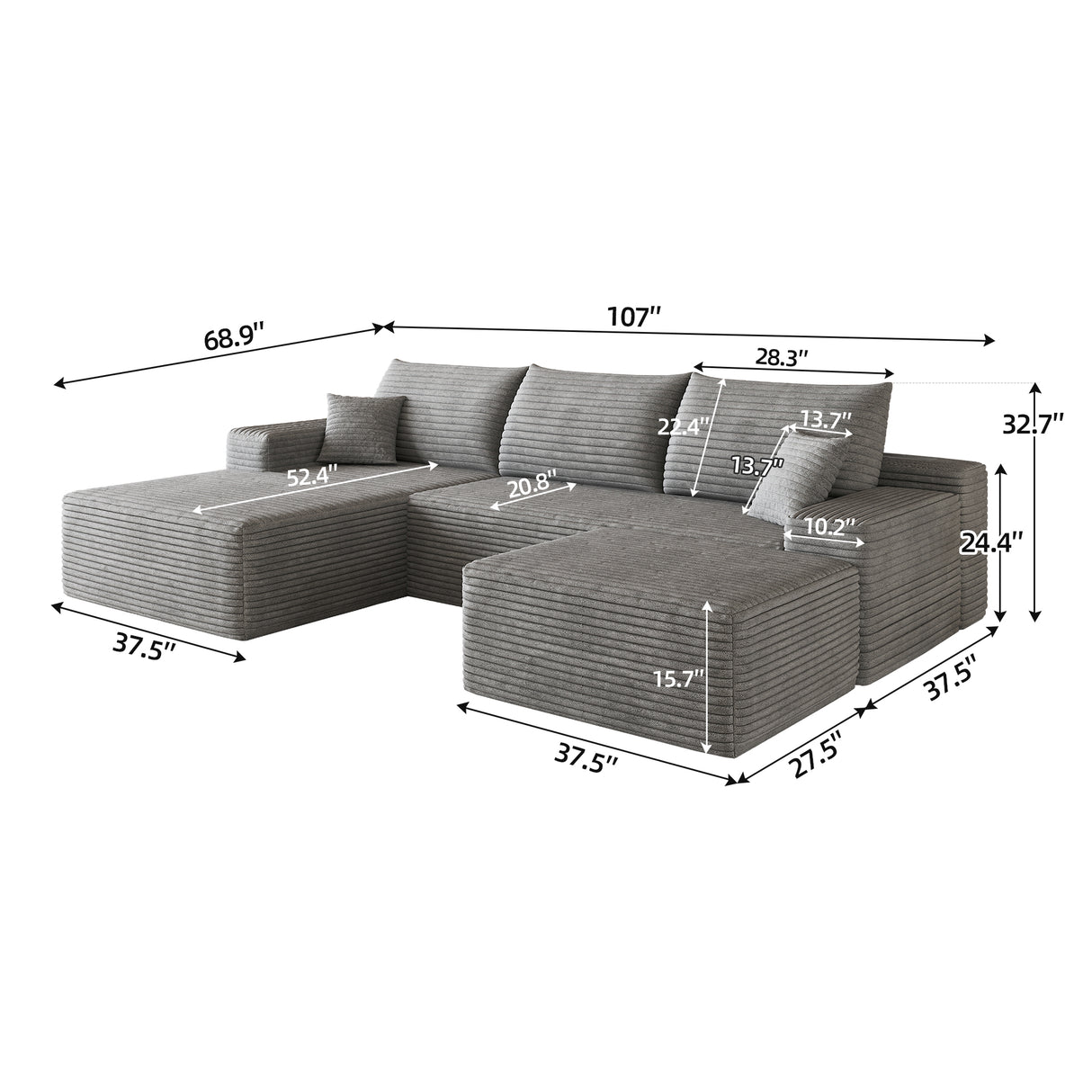 107" Cloud Sectional Sofa with 1 Ottoman