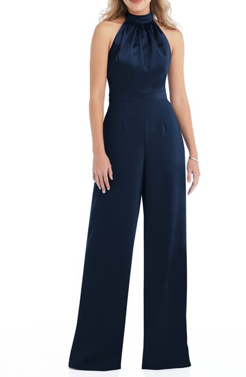 After Six Halter Neck Satin Charmeuse & Crepe Jumpsuit in Midnight, Size 4