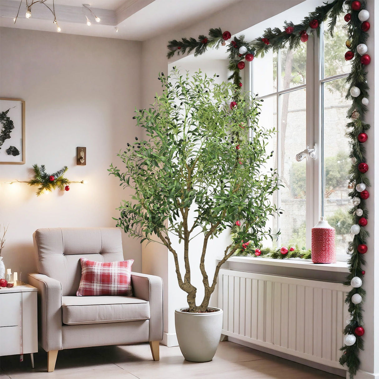 Artificial Olive Tree Large With Trunk, Indoor / Outdoor Decorative Plant For Living Room - Green
