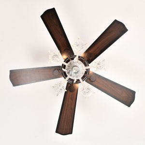 52" Crystal Shade Ceiling Fan Lamp, 3 Speed, 4 Timing, 5 Reversible Blades Crystal Ceiling Fan, 5 Pieces X E12 (No Include Bulb), Hand Pull Chain - Matte Black