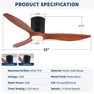 Low Profile Flush Mount Ceiling Fan With Light And Reversible Quiet Motor - Matte Black