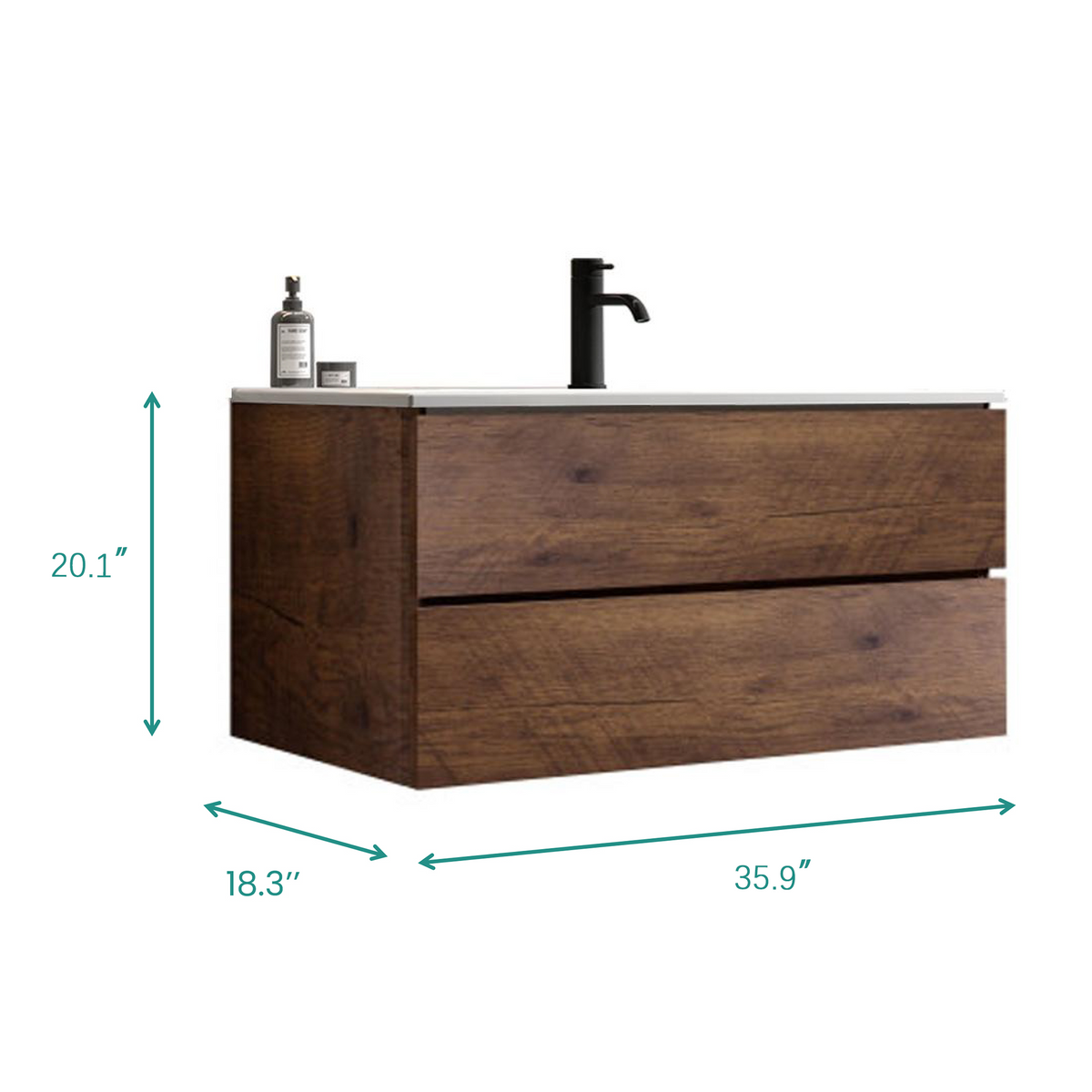 TIA 36-Inch Wall Mounted Bathroom Vanity, Walnut with Ceramic Sink