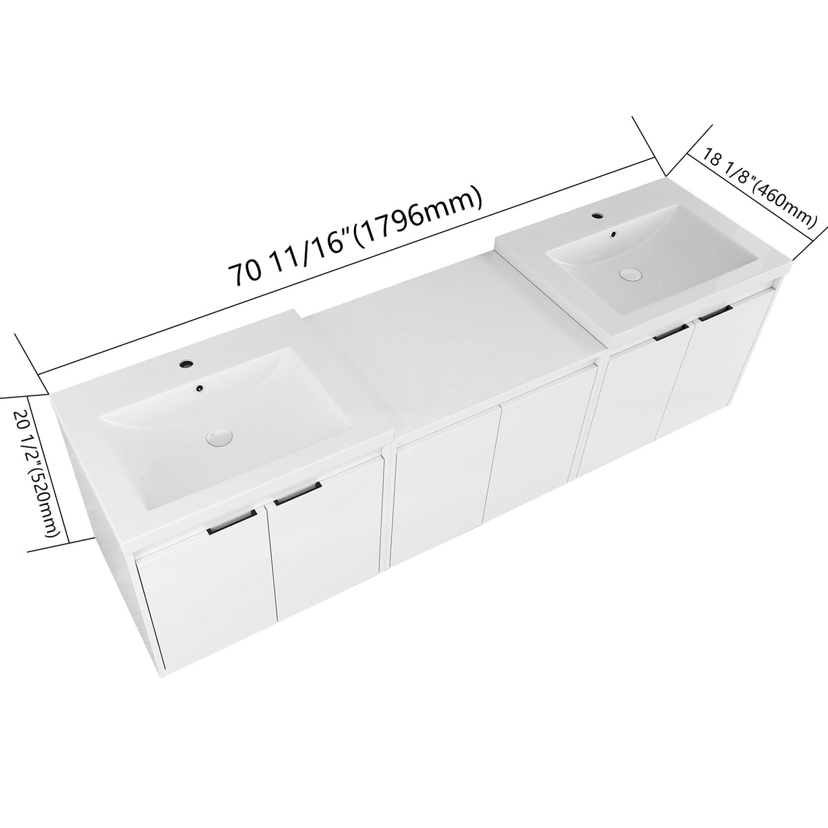 72" Bathroom Vanity With Resin Sink, Soft Close Doors and 1-Side Cabinet