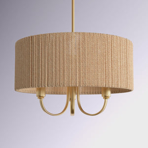 3-Light 18-Inch Farmhouse Drum Chandelier, Gold Iron and Paper Rope