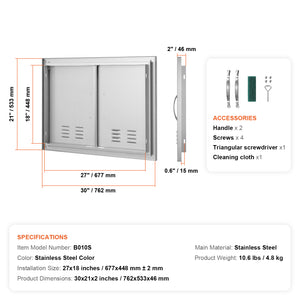 BBQ Access Door, 30W x 21H Inch Double Stainless Steel Outdoor Kitchen Door