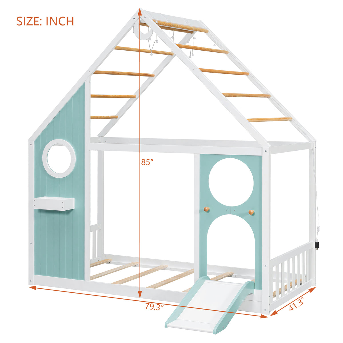 Twin House Bed with Slide, Ball Light Strip, Wooden Playhouse Design