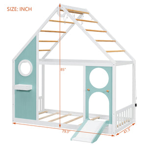 Twin House Bed with Slide, Ball Light Strip, Wooden Playhouse Design