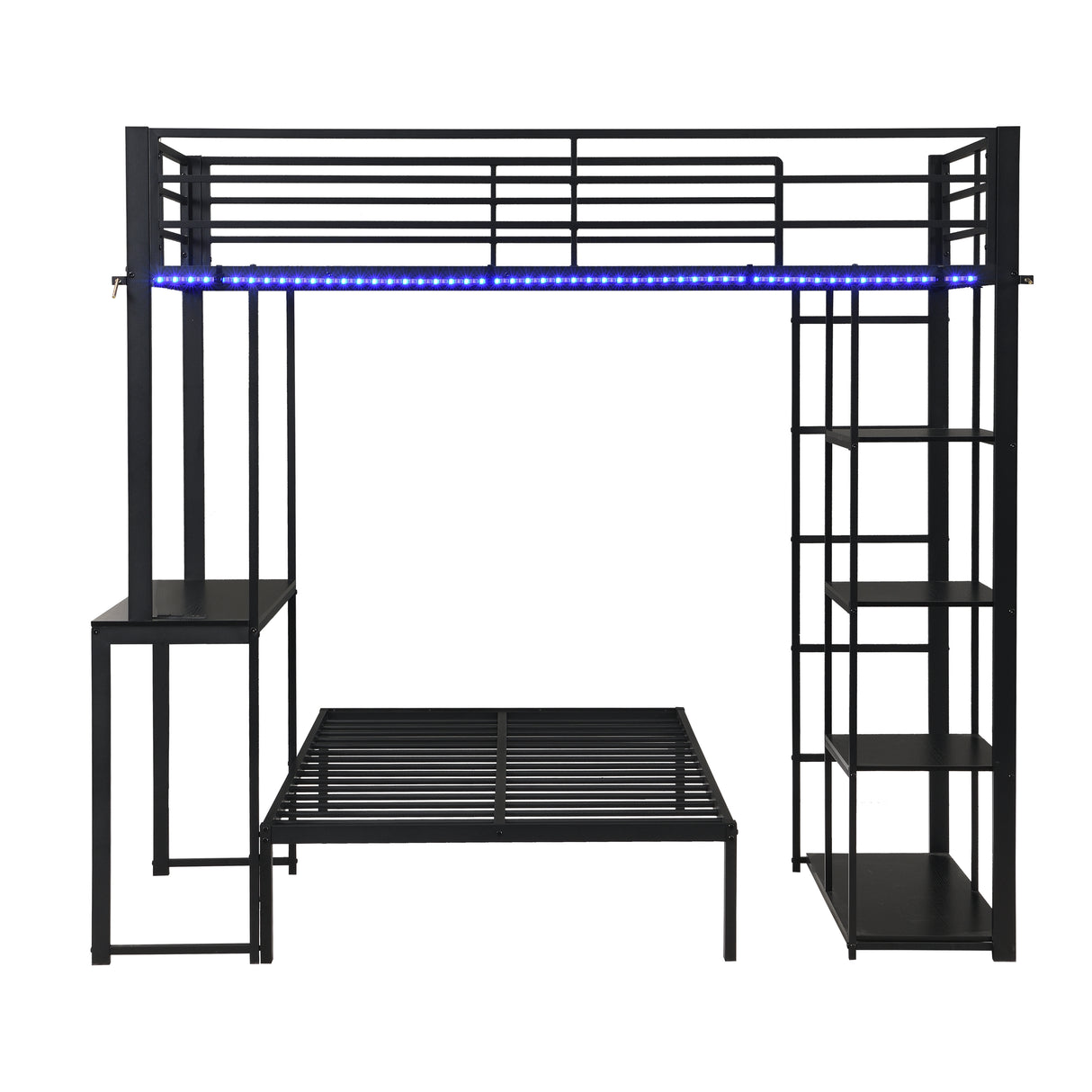 Metal Loft Bed Frame with LED Light Strip, Side Storage Shelves & Built-in Desk