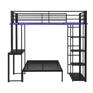 Metal Loft Bed Frame with LED Light Strip, Side Storage Shelves & Built-in Desk