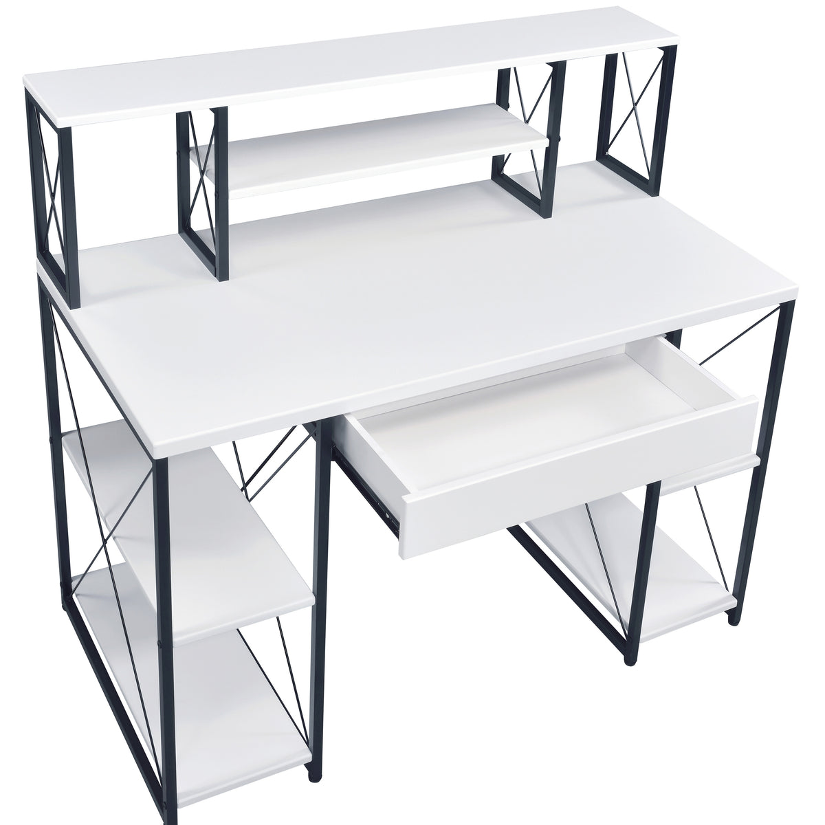 White and Black Recording Studio Desk with Drawer - Wood & Metal