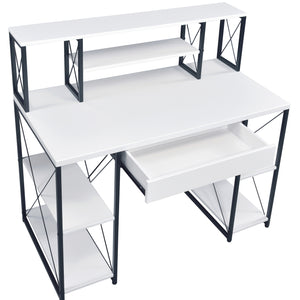 White and Black Recording Studio Desk with Drawer - Wood & Metal