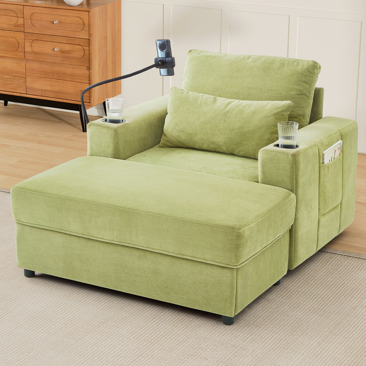 Modern Style Armchair Chaise Lounge Sofa Couch With Movable Storage Ottoman, USB Ports, Cup Holders, Phone Holder, Side Pockets