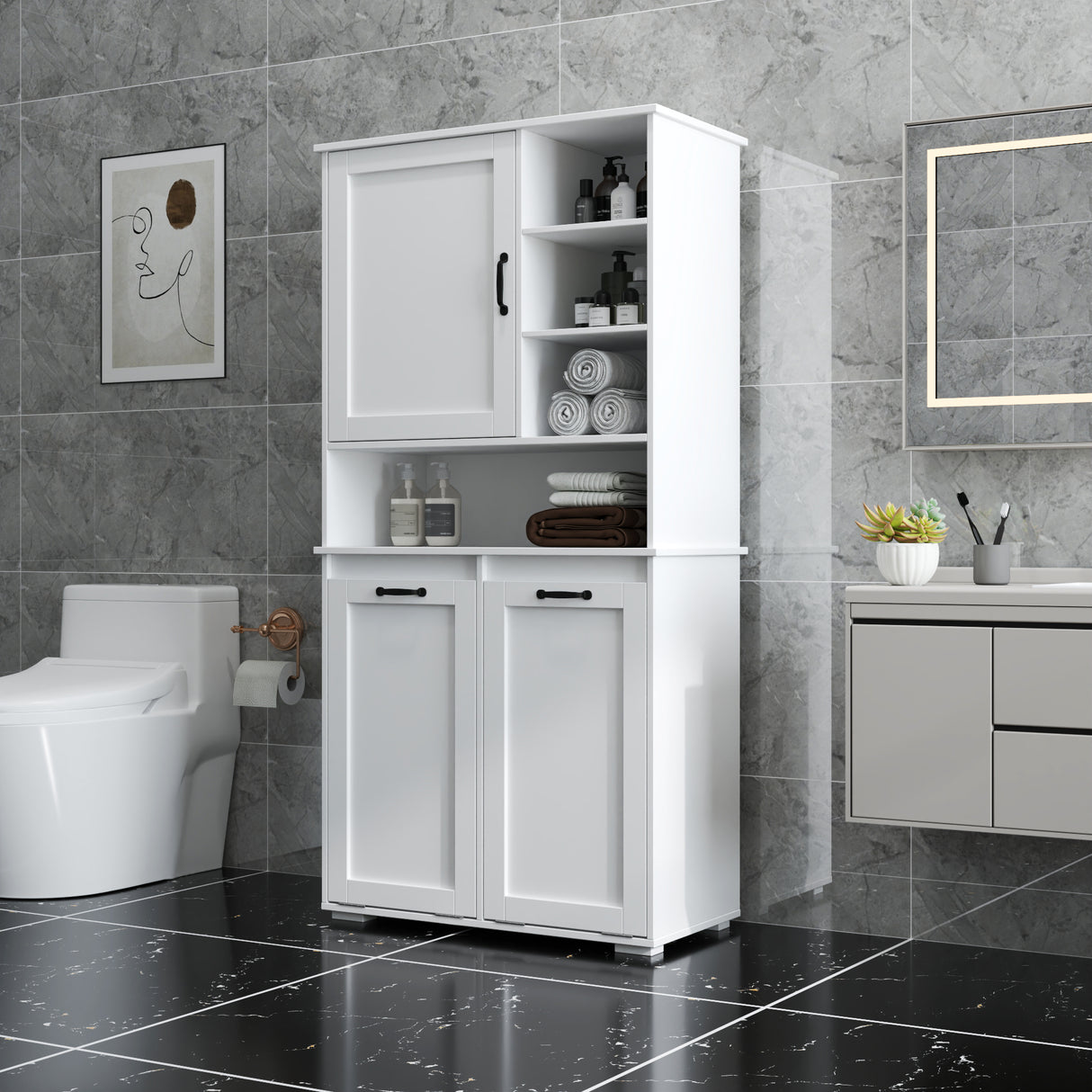 Laundry Cabinet with Doors and Shelf, Tilt-Out Laundry Hamper, Multiple Storage Space