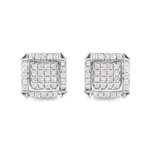10K White Gold 1 1/10 Cttw Princess Diamond Composite and Halo Stud Earrings (I-J Color, I1-I2 Clarity)