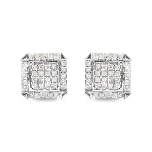 10K White Gold 1 1/10 Cttw Princess Diamond Composite and Halo Stud Earrings (I-J Color, I1-I2 Clarity)