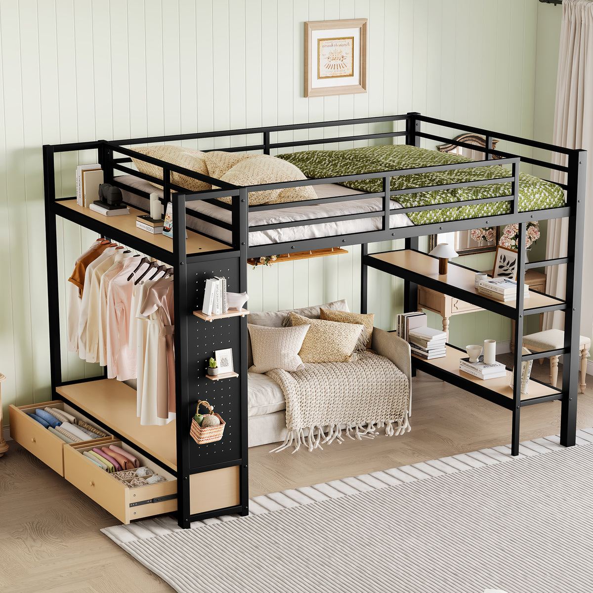 Queen Size Metal Loft Bed Frame with Wardrobe
