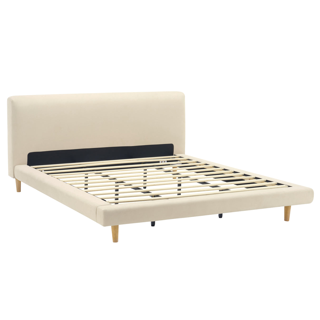 Beige Chunky Headboard Bed Frame with Solid Rubberwood Legs, Cal-King