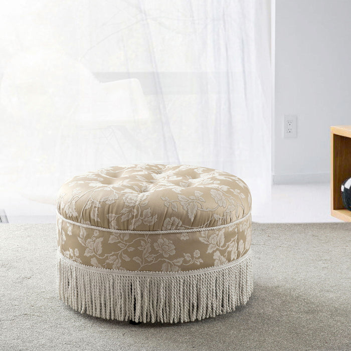 Round Upholstered Accent Ottoman with Vintage Fringe - Multiple Colors