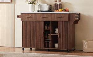 K&K 53.6" Kitchen Island with Drop Leaf, Rolling Cart, Power Outlet, Walnut Brown