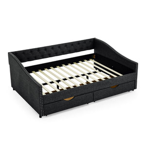 Upholstered Tufted Daybed With Drawers, Waved Arms