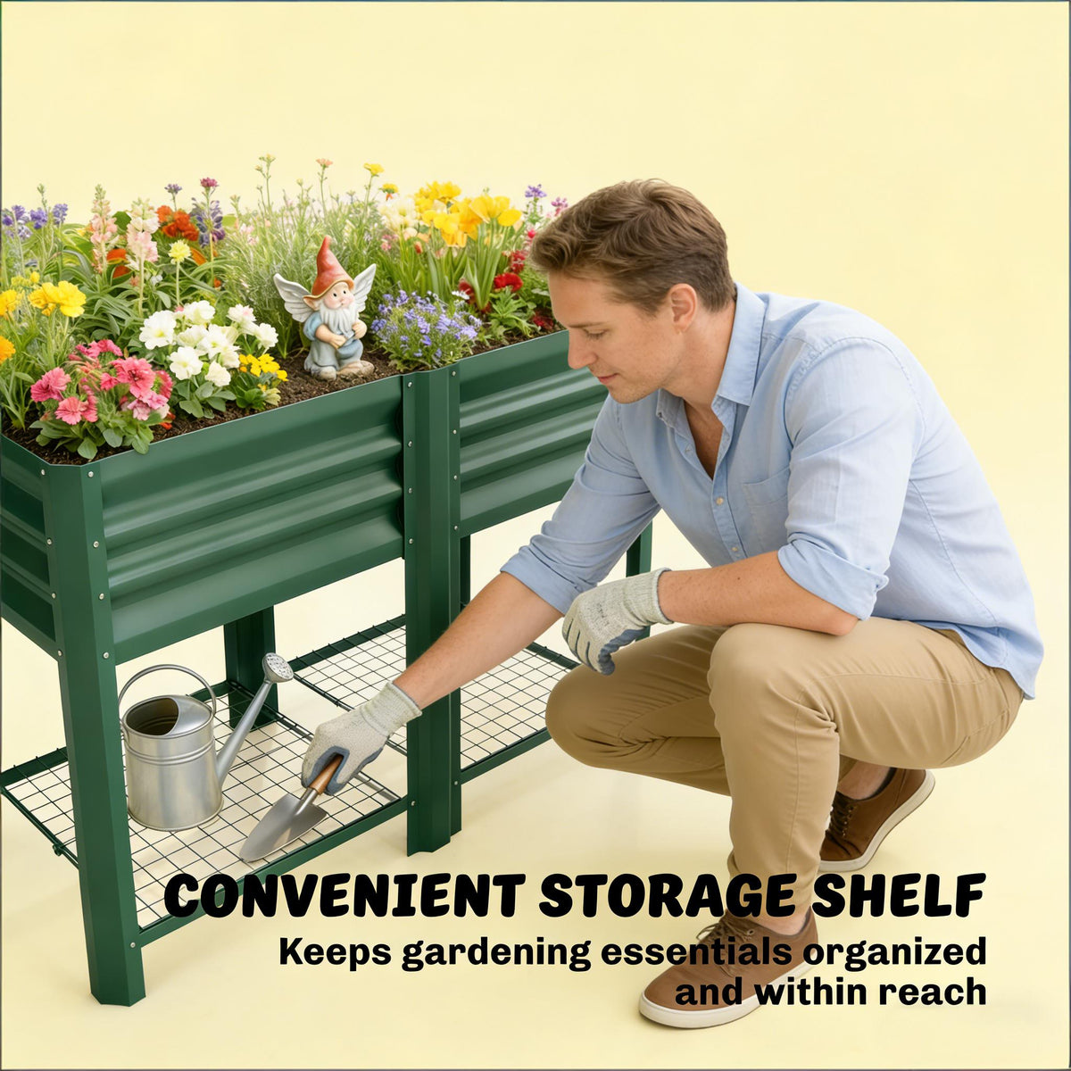 Outdoor Elevated Planter Box with Storage Shelf - Green