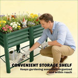 Outdoor Elevated Planter Box with Storage Shelf - Green