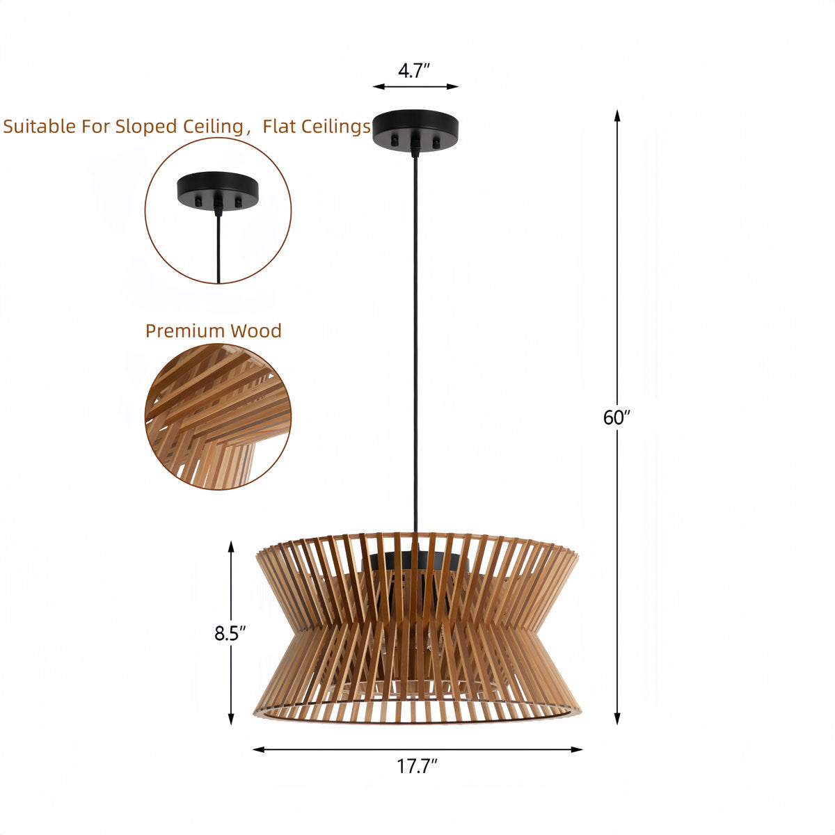 5-Light Dimmable Solid Wood Drum Chandelier, Antique Natural or Black